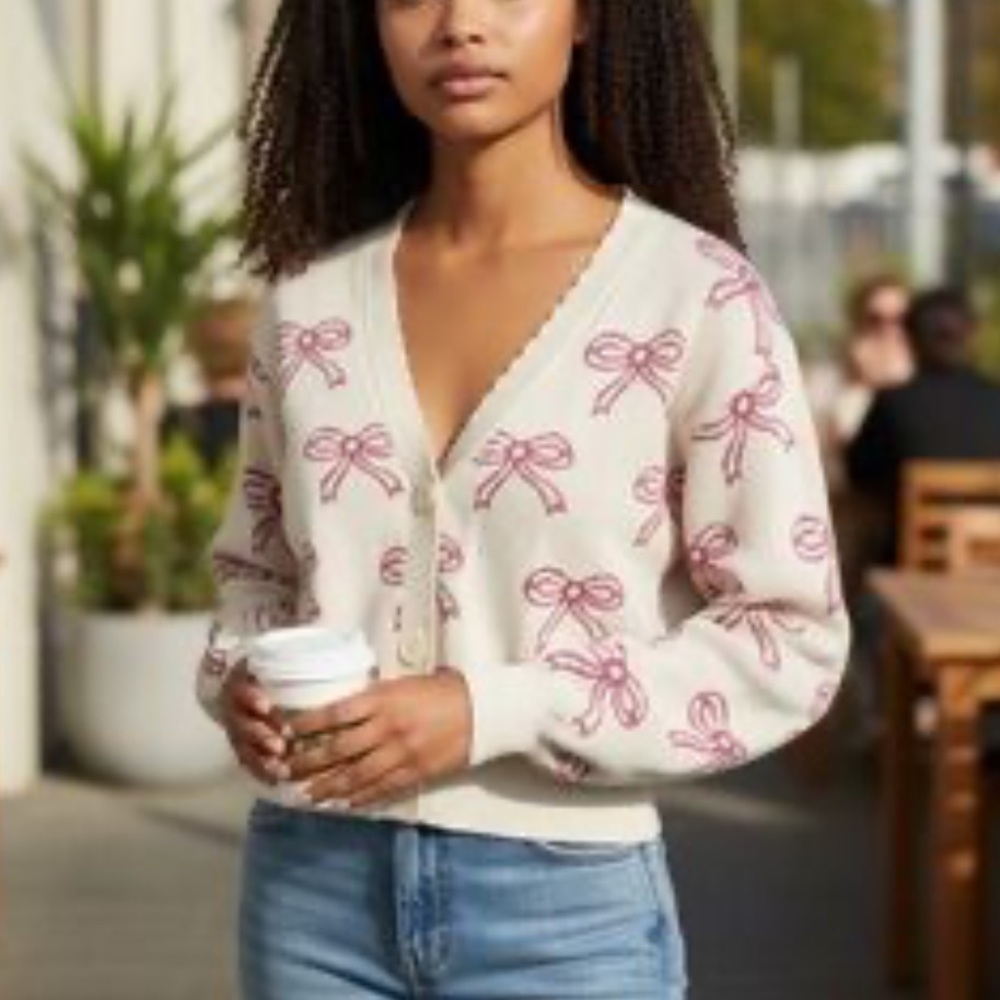 Womens Cream Bow-Print V-Neck Cardigan Sweater